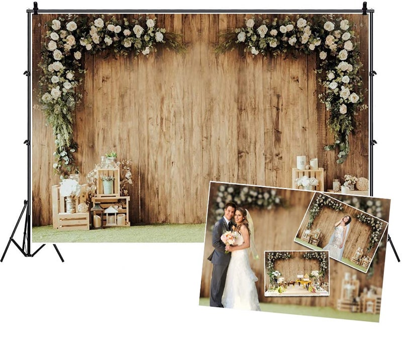 DASHAN 10x6ft Polyester Wedding Backdrop Rustic Floral Flower Wood Wall Backdrop Bridal Shower Reception Ceremony Photography Background Wedding Proposal Party Kids Birthday Party YouTube Photo Prop - Image 1